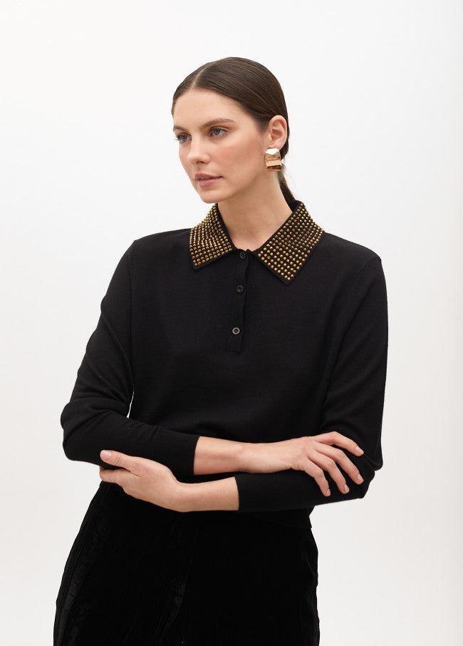 JERSEY TIPO POLO CON STRASS EN CUELLO